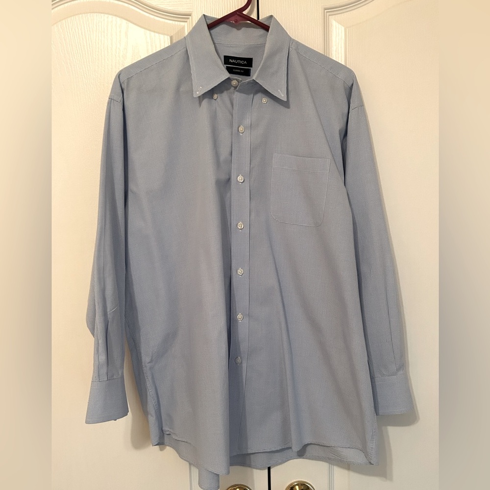 Blue and white checked button down shirt (17-17½”)
